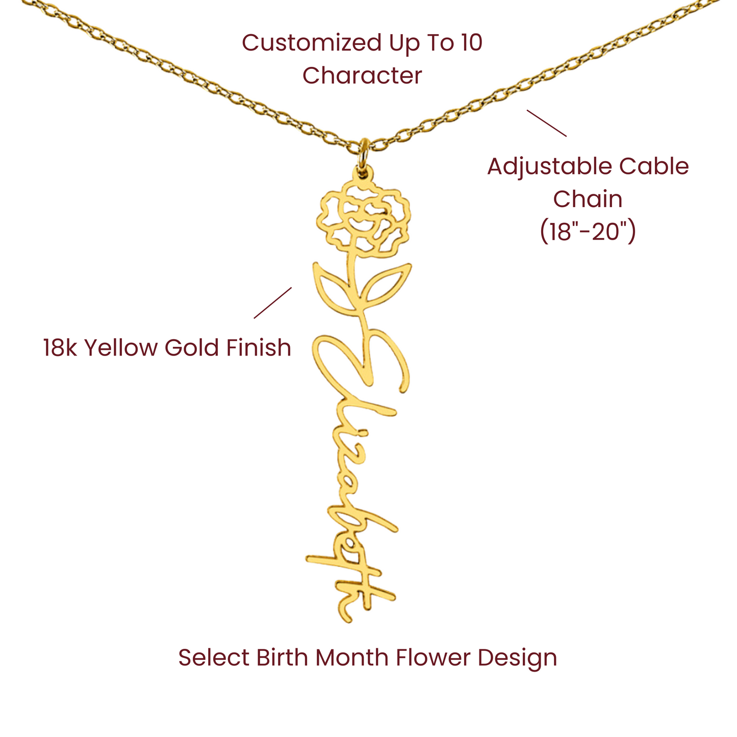Custom Birth Flower Name Necklace - for Women