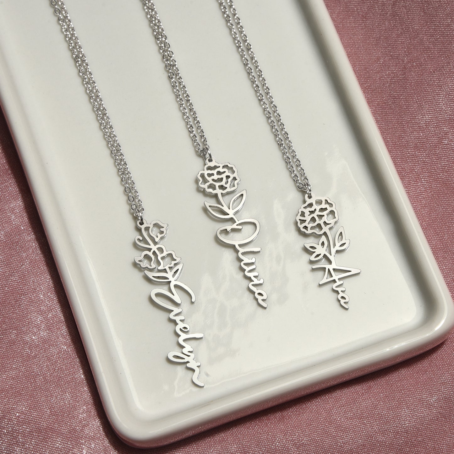 Custom Birth Flower Name Necklace - for Women