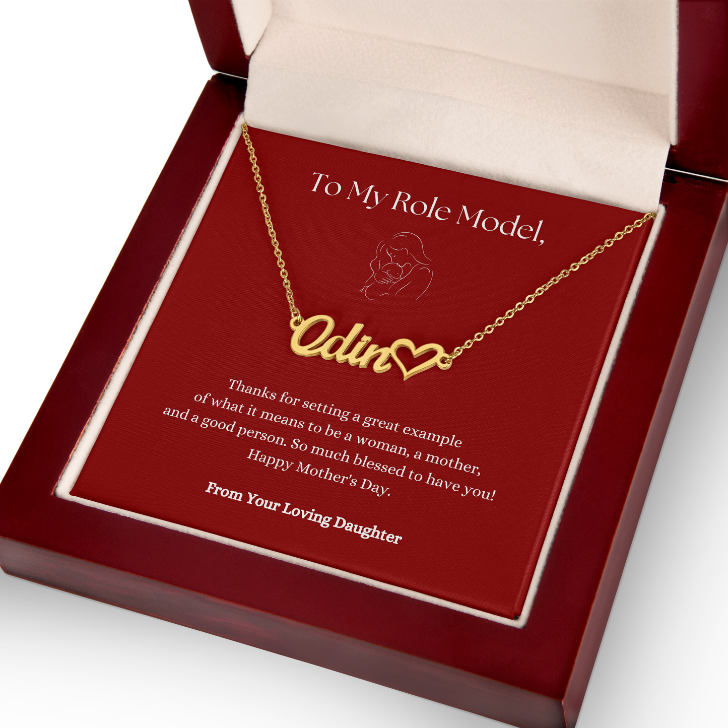 Custom Heart Name Necklace with Line Art Red Message Card - For Mothers
