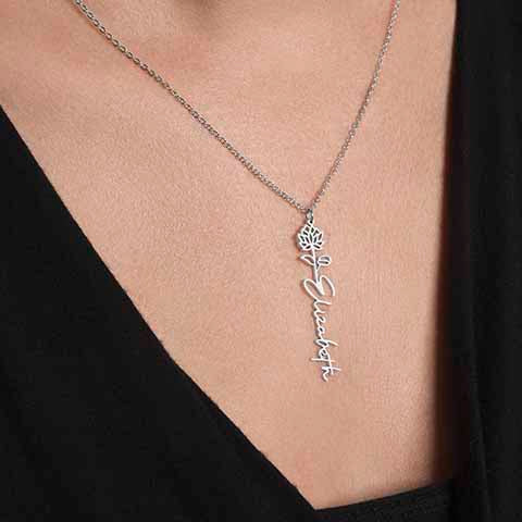 Custom Birth Flower Name Necklace - for Women