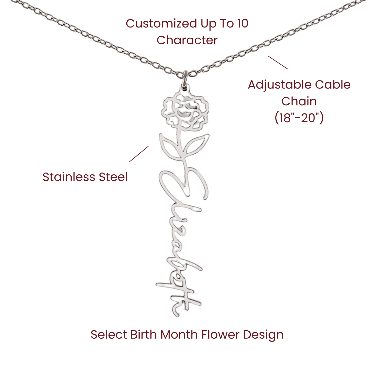 Custom Birth Flower Name Necklace - for Women