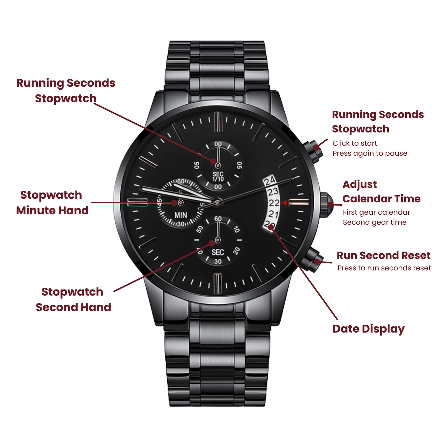 Personalized Engraved Black Chronograph Watch - for Men