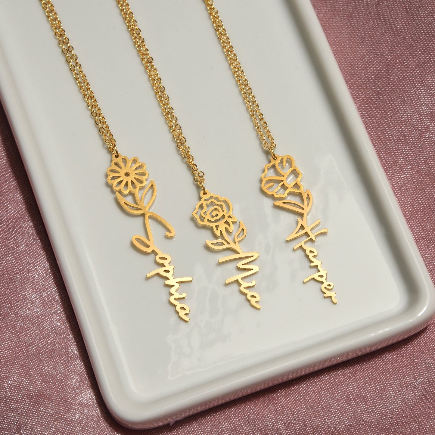 Custom Birth Flower Name Necklace - for Women