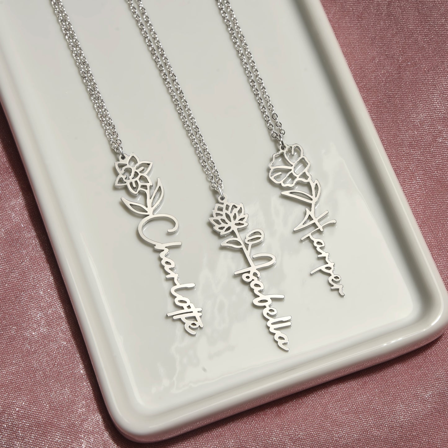 Custom Birth Flower Name Necklace - for Women