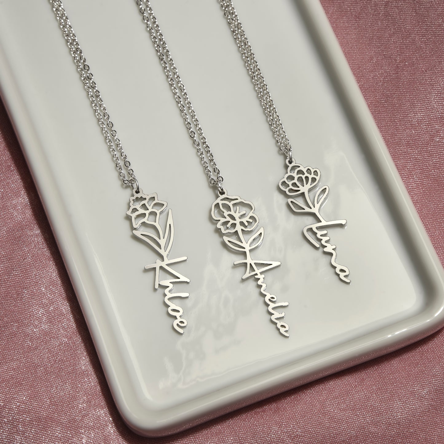 Custom Birth Flower Name Necklace - for Women