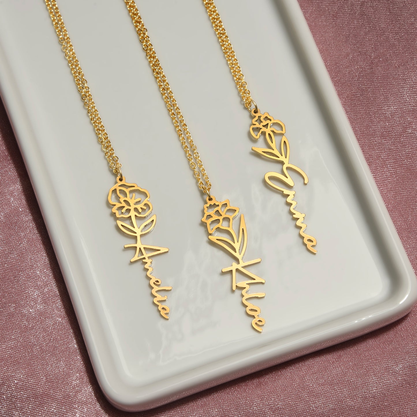 Custom Birth Flower Name Necklace - for Women