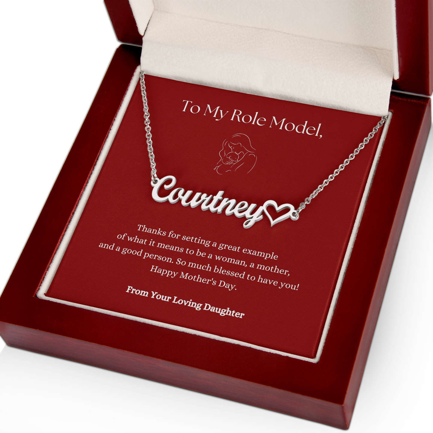 Custom Heart Name Necklace with Line Art Red Message Card - For Mothers